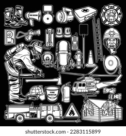 The black and white image shows someone wearing a firefighter's outfit, and the two conveyances he was using as well as some other firefighter ornaments.