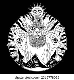 The black and white image shows a Sphinx Cat dressed in royal attire and wearing a crown showing her palms, each of which has eyes, above which is a strange sun.
