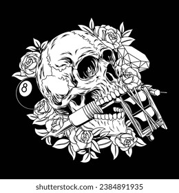 The black and white image shows a tattoo machine in the mouth of a skull, surrounded by beautiful flowers as well as billiard balls and diamonds.
