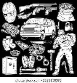 The black and white image shows a thief dressed in all black and barely visible, he carries all the tools he needs to break in. Taking other people's things without the owner's permission.