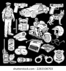 The black and white image shows Two cops, one on a motorbike, a dog and all the other police elements. law enforcement In his duties he seeks information with, information.