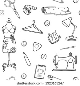 Black and white image of the silhouette of items needed for sewing as a hobby. Pattern seamless vector illustration colorless on white background