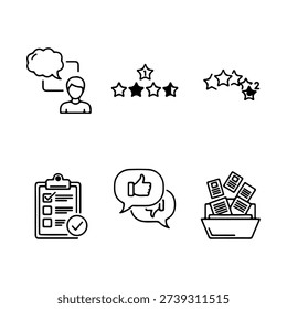 a black and white image with six separate icons related to customer service and feedback. the icons include a person with a speech bubble and stars, a row of stars, a clipboard with a checklist and clock, two speech bubbles with a thumbs up, and a basket filled with money bills.
