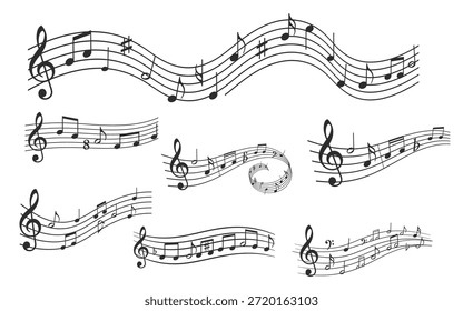 Una Imagen en blanco y negro de seis bastones musicales ondulados con varias notas y descansos