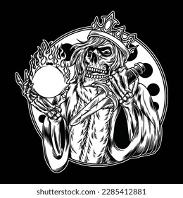 black and white image The Skeleton King wore a Crown with a Fireball in his hand while holding a knife as if he wanted to plunge a knife into the fireball.