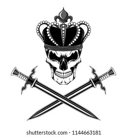 Black and white image of a skull in  a crown with swords.