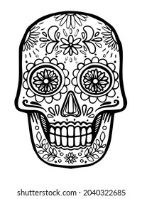 Black and white image of a skull dedicated to the day of the dead in Mexico.