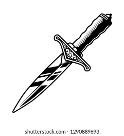 black and white image of a small dagger. vector icon. black outline.