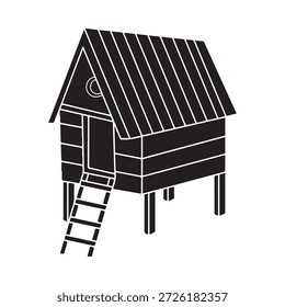 Una Imagen en blanco y negro de una casa Pequeña con una escalera
