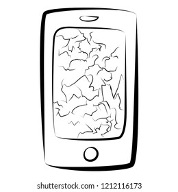 Black and white image of smartphone with damaged screen like as ink illustration. Concept of careful use and repair service.