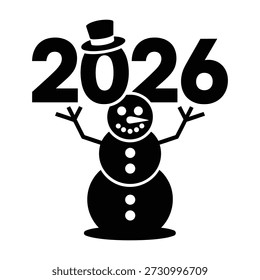 A black and white image of a smiling snowman with a top hat and the year 2026