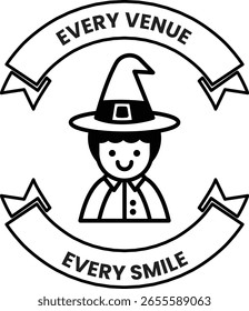 Una Imagen en blanco y negro de una bruja sonriente con un Anuncio que dice "Cada lugar Cada sonrisa"