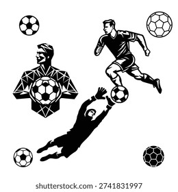 a black and white image of soccer players and balls. The image features a soccer player kicking a ball, another player with a ball in front of him, a goalkeeper diving for the ball, and several soccer balls floating around.