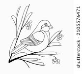 Black and white image of a sparrow sitting on a branch with berries. Vector hand-drawn image for children