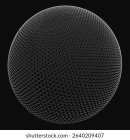 A black and white image of a sphere with a lot of dots on it. The image has a very abstract and surreal feel to it, with the dots appearing to be scattered all over the surface of the sphere