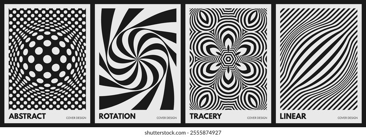 A black and white image with a spherical convexity. Dynamic drawing of many circles of different diameters or lines. Abstract striped background with optical illusion and rotation effect. 3d vector.