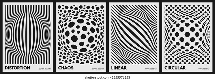 Black and white image with a spherical shape bulge. Dynamic pattern of many chaotically arranged circles of different diameters or lines. 3D vector for printing on covers.
