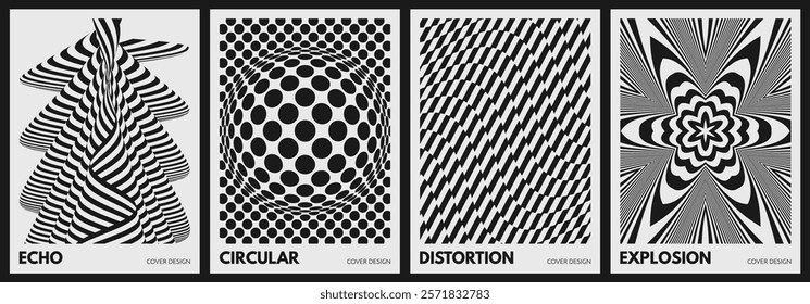 Black and white image with a spherical shape bulge. Dynamic pattern with optical illusion. Abstract striped background. Vector illustration for brochure, poster, presentation, flyer or banner.