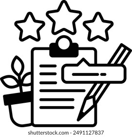 A black and white image of a star with a pencil and a piece of paper. The paper has a star on it and the pencil is on top of it. Concept of writing and creating something