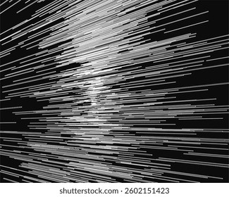 A black and white image of a starry sky with a white streak of light. The image is abstract and has a dreamy, ethereal quality to it