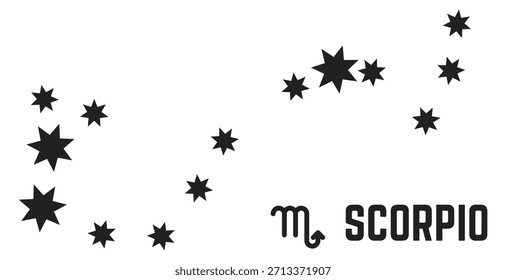 Una Imagen en blanco y negro de un cielo estrellado con la palabra Escorpio escrita en blanco