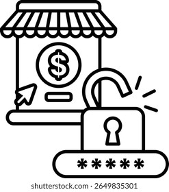 A black and white image of a store with a dollar sign on it. A key is shown in the foreground, and a lock is shown in the background. Concept of a store that is not accepting cash