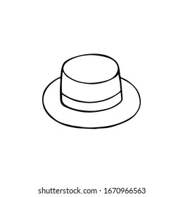 Black and white image of a straw hat. Vector illustration. Hand-drawn doodle for design, web, icons, children's illustrations.