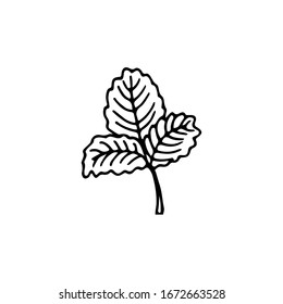 Schwarz-Weiß-Bild eines Erdbeerblattes. Vektorillustration. Handgezeichnetes Doodle für Design, Web, Symbole.