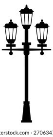 A black and white image of a street light pole with three lights on it