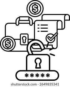 A black and white image of a suitcase with a lock on it and a stack of dollar bills