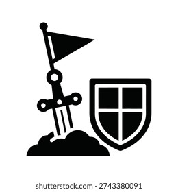 A black and white image of a sword and shield