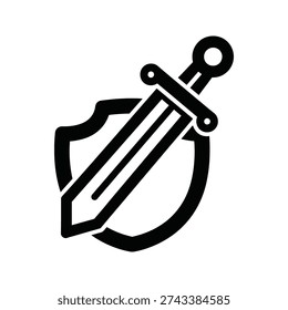 A black and white image of a sword and shield