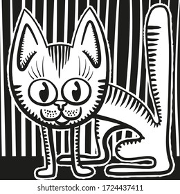 Black and white image. Tabby cat on a striped background. Avatar.