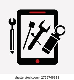 a black and white image of a tablet with a screen displaying a wrench, a screwdriver, a hammer and a spanner against a white background