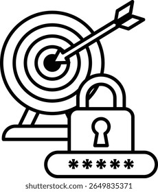 A black and white image of a target with a bow and arrow and a lock with a key. Concept of a challenge or a test, with the target representing the goal and the lock