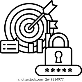 A black and white image of a target with a bullseye and a lock on it. The target is surrounded by a circle and a bullseye is in the center. The lock is on the right side of the target