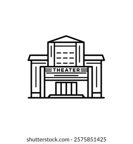 A Black and White Image of a Theatre Building With a Sign That Says Theater.