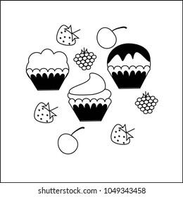 Black and white image. Three different cupcakes and berries of cherries, strawberries and raspberries on a white background. Vector illustration