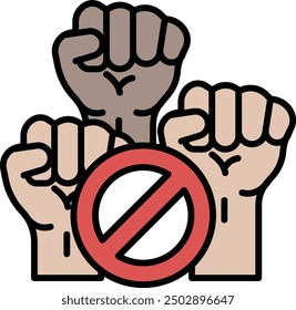 A black and white image of three hands holding up a no sign. The image conveys a message of unity and resistance against oppression