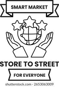 Uma imagem em preto-e-branco com três mãos segurando um globo com uma faixa que diz "Store to Street" (Armazene na rua) e "Smart Market" (Mercado inteligente) acima dela