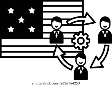 A black and white image of three men smiling and standing next to a flag with arrows pointing to them