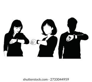 Uma imagem em preto e branco de três pessoas de pé lado a lado, cada uma fazendo uma forma de coração com as mãos, retratada em silhueta.
