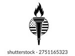 Black and white image of a torch with flames on top, set against a circular background featuring the American flag.