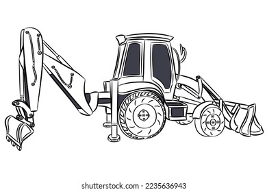 Black and white image of a tractor with a bucket and blade.
