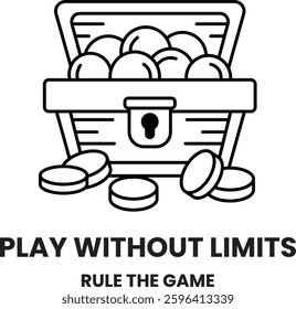 A black and white image of a treasure chest with coins and a key. The image is titled "Play Without Limits" and encourages people to play without limits