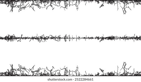 a black and white image of a tree with branches, A set of black and white fence lines with different shapes, a border wire with barbed wire, barbed with a line