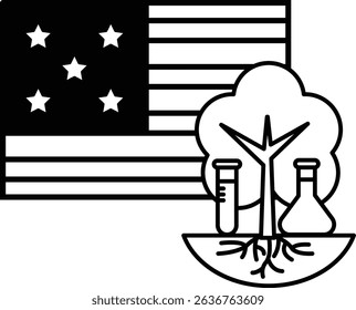 A black and white image of a tree with a flag in the background. The flag has stars and stripes. The tree is surrounded by scientific equipment, including beakers and test tubes