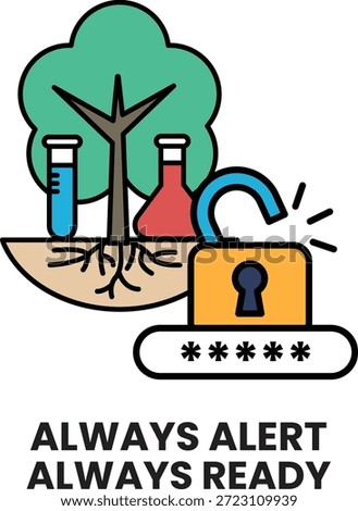 A black and white image of a tree with a lock on it and a key. The image is titled Always Alert Always Ready