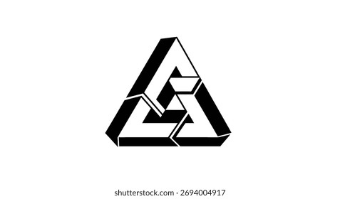Black and white image of a triangular symbol. The symbol is a stylized representation of three interlocking shapes.