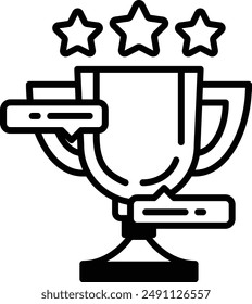 A black and white image of a trophy with three stars on it. The trophy is designed to look like a cup with a handle and a base. The stars are placed around the rim of the trophy